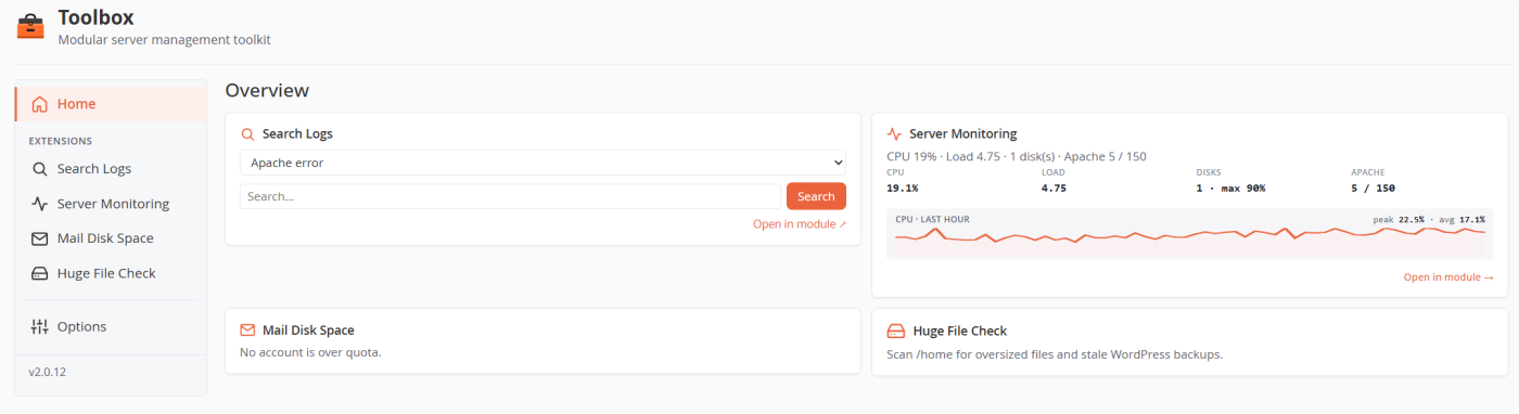 Astral Toolbox dashboard in WHM