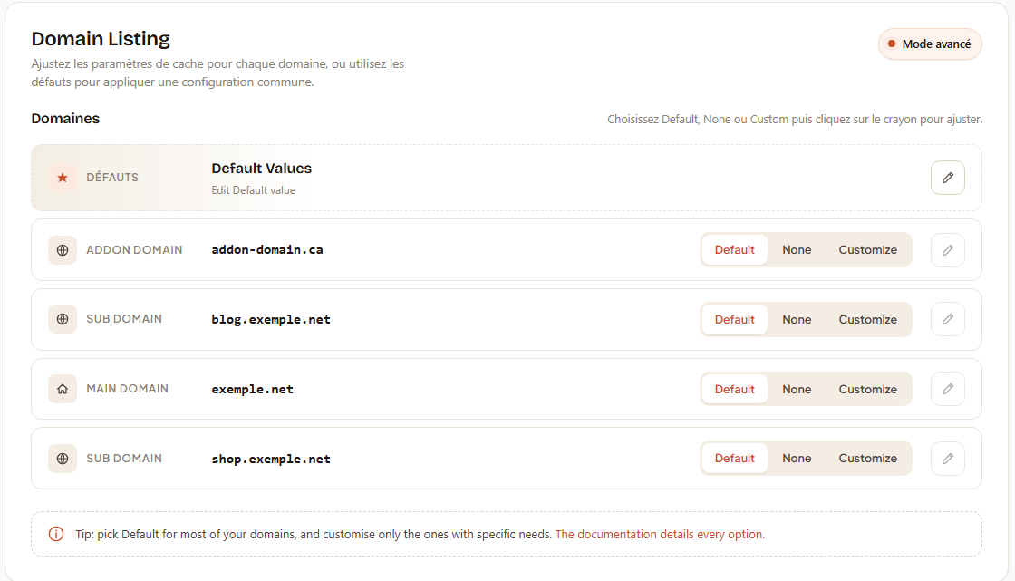 Advanced mode — per domain and subdomain